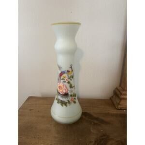 VTG White Frosted Glass Peacock Floral Vase UCGC Transferware Made in Peru 9.5”T